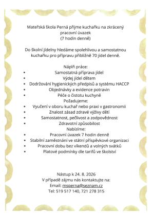 Mateřská škola Perná hledá kuchařku